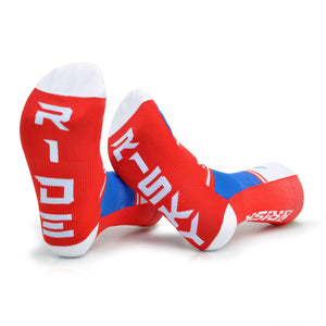 Red, White, & Blue Ride Risky - Motocross Socks - Bottom of feet - Fuel / Risk Racing