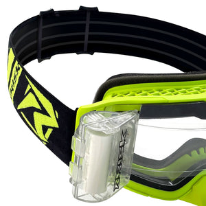 Close up of a Roll Off canister attached to the J.A.C. V3 MX Goggle by Risk Racing