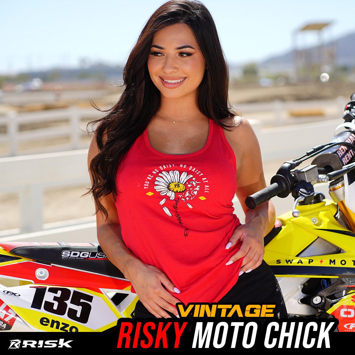 A Risky Moto Chick - Daisy - Distressed Graphic Red Women's Racerback Tank Top