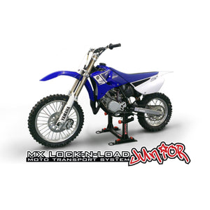 Lock-N-Load JUNIOR Strapless Motocross Transport System by Risk Racing - holding Yamaha dirtbike
