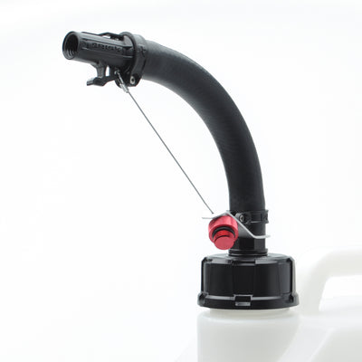 Black flexible spout attached to a jug cap with safety cord.