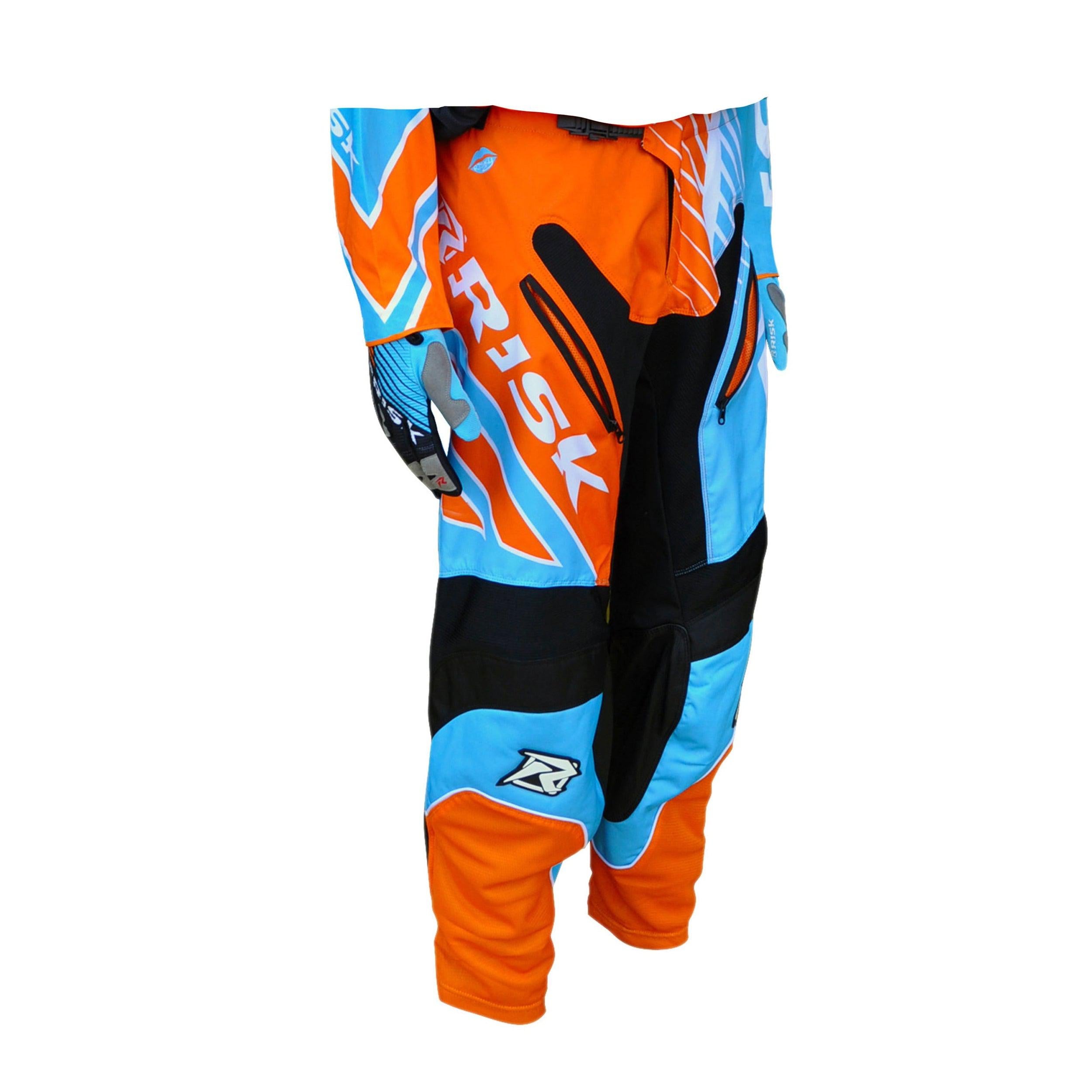 Pantalon Motocross SCRUB Adulte - Certification CE - Tissu Stretch Et Renforts - Bleu/Orange