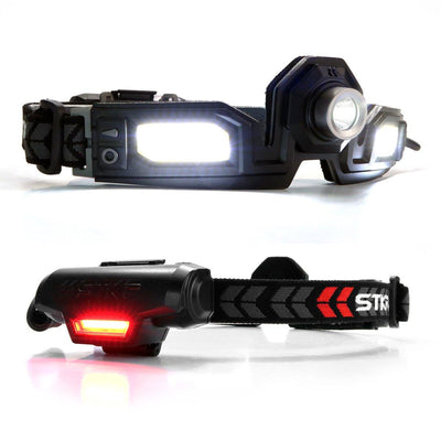 Black headlamp with front white and rear red LED lights.