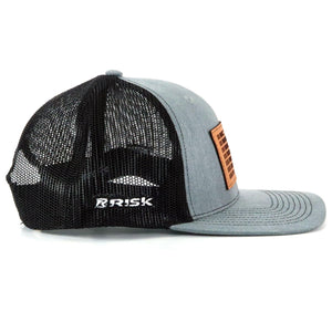 Risk Racing Gray Leather Patch Flag Trucker Snapback Hat Side View