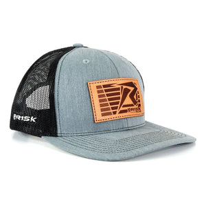 Risk Racing Gray Leather Patch Flag Trucker Snapback Hat Risk Flag