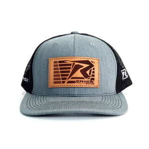 Risk Racing Gray Leather Patch Flag Trucker Snapback Hat Front View