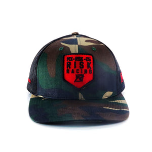 Risk Racing Camo Red Patch Trucker Snapback Hat Front View