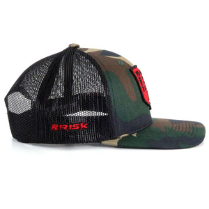 Risk Racing Camo Red Patch Trucker Snapback Hat Side View