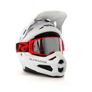 Risk Racing JAC V2 Goggles on a white FLY racing helmet in a 360 degree turn animation