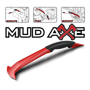 the mud axe dirt bike accessory studio shot and 3 panel uses diagram
