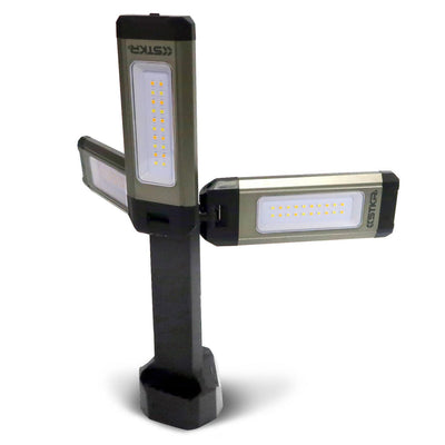 Adjustable LED work light with three panels on a stand.