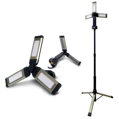 Adjustable LED work light with tripod and folding design.